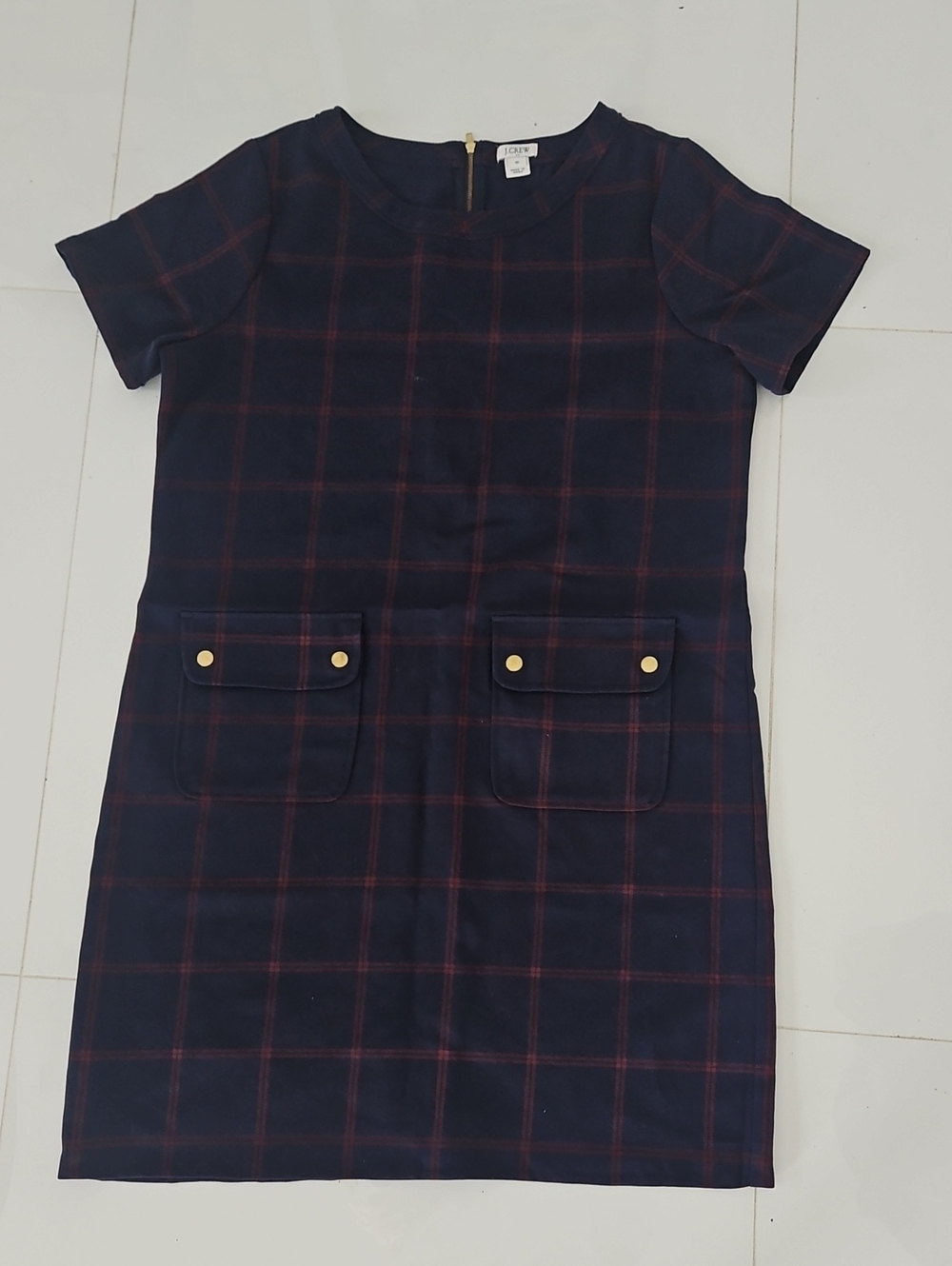 J. Crew Navy Plaid Short-Sleeve Shift Dress with Gold Buttons